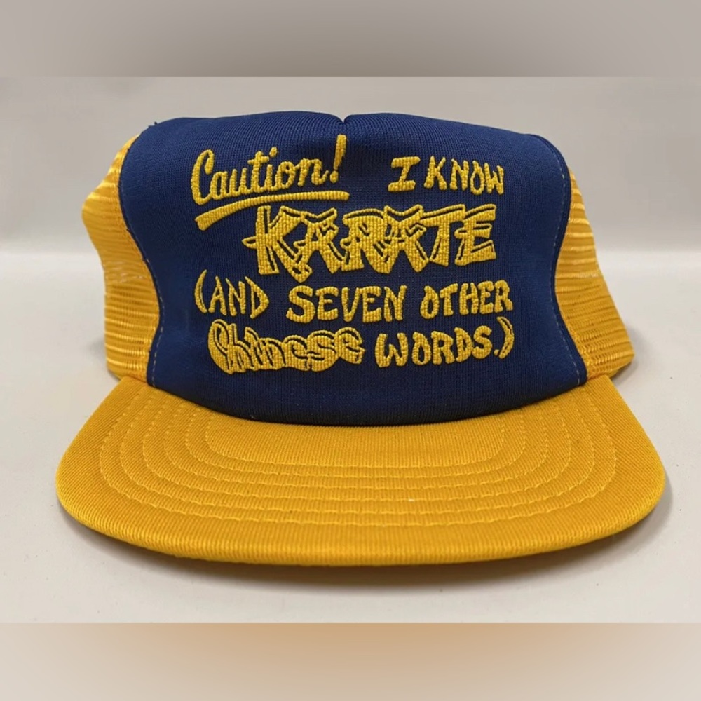 Vintage Caution I Know Karate Chinese Words Blue Yellow Snapback Trucker Hat Cap
